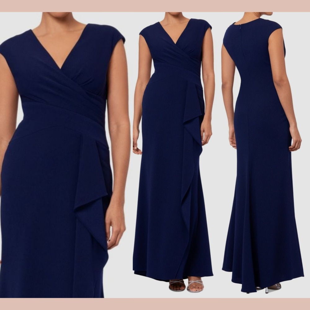 NWT Betsy & Adam [ 4 ] V-Neck Ruffle-Front Scuba Crepe Gown Navy‎ Blue #S2049